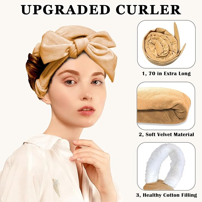 Gwabee 70" Soft Hair Curlers for Overnight Curls - No Heat Curl Wrap with 9 Rods for Long Hair, Khaki