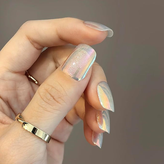 Okiyomi White Press on Nails - Iridescent Snow Cat Eye Press on Nails | Magnetic Pearl Sparkle with UV Finish - Short Ballerina Squoval - 15 Sizes - 30 Soft Gel Fake Nails with Glue and Stick On Tabs