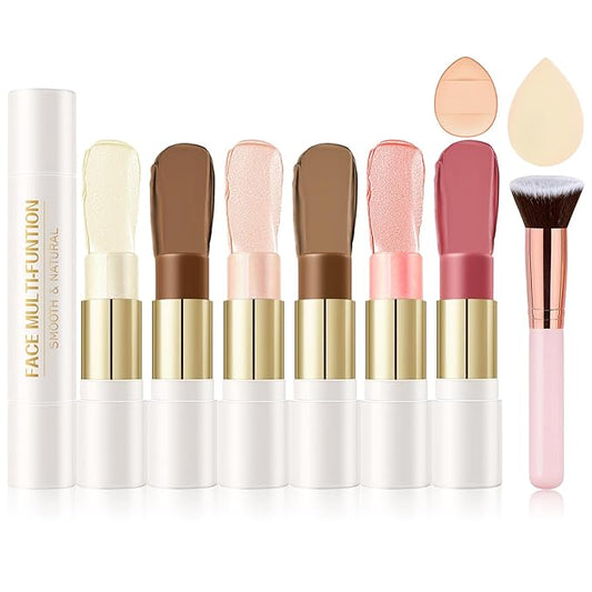 AWCCXMYM 6 Colors Cream Contour Stick Makeup Set Dual-ended Blush & Highlighter Bronzer Stick for Sculpt the Cheeks Long Lasting & Waterproof Matte Finish Face Contouring Set B
