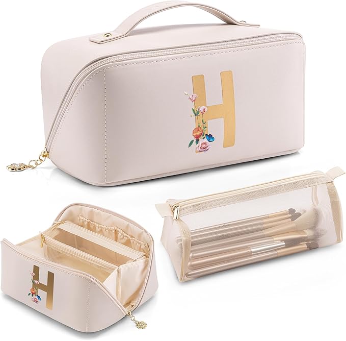 Vlando Gifts for Girls Travelers,Preppy Makeup Bag,Large Capacity Travel Makeup Bag,Monogrammed Graduation Gifts for Friends Female Daughter(Letter H)