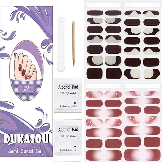 DUKASOU Semi Cured Gel Nail Strips, 56Pcs Nail Art Stickers/Wraps, Long Lasting UV Nail Polish Strips for Adults(Brown+Red)