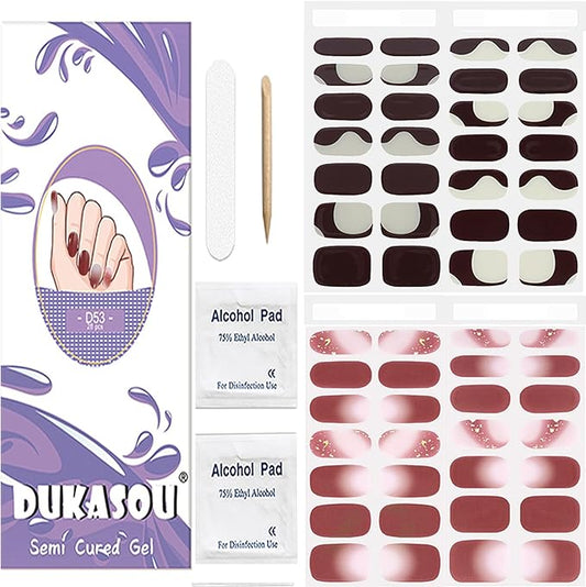 DUKASOU Semi Cured Gel Nail Strips, 56Pcs Nail Art Stickers/Wraps, Long Lasting UV Nail Polish Strips for Adults(Brown+Red)