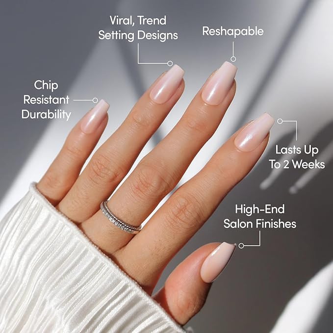 Glamnetic Press On Nails - Delicate Touch | Glazed Medium Coffin Nude Fake Nails with Ombré, Salon Quality Neutral Nails | 15 Sizes - 30 Nail Kit with Glue