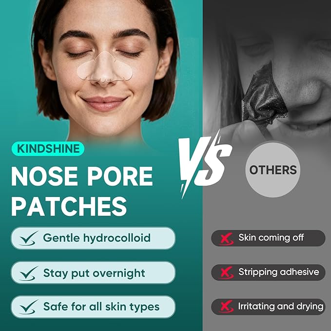 kindshine 60 Count Nose Pore Patches, Medical-Grade Hydrocolloid Pore Strips, Overnight Oil-Absorbing & Pore-Refining, Pimple Stickers to Absorb Acne Nose Gunk