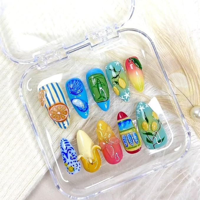 Small MAGLFELL Women Press On Nails - Medium Almond False Nails 10Pcs Luxury Handmade 3D Painting Art ABS Acrylic Artificial Fingernails-S szie