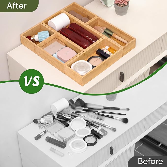 Bamboo Drawer Organizers Set, 3PCS Multi-Use Wood Storage Organizers, Desk Drawer Tray for Kitchen, Bathroom, Office, Dresser, Bamboo Box Bin for Jewelry, Makeup, Junk, Gadgets