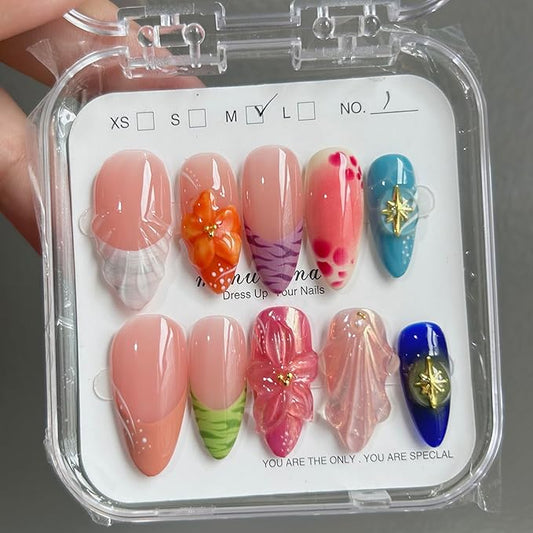 Small size Press On Nails - Handmade Unique Almond Fake Nails, Thick Acrylic and Muti-Layer Gel False Nails, Reusable Gel Cured Sturdier 3D Fake Nails (Size S)