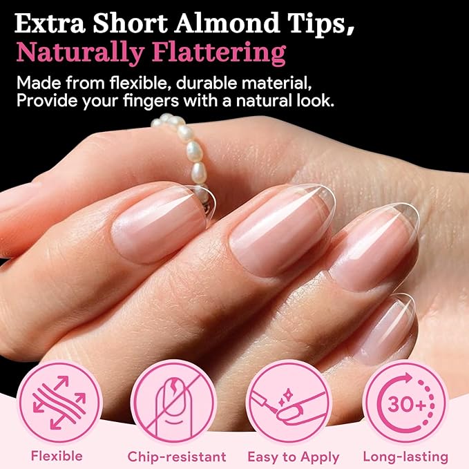 Qiek Extra Short Almond Fake Nail Tips, 15 Sizes 240 PCS Clear Half Matte Press On False Nail Tips Pre-shaped Full Cover Gel Nail Acrylic Soft Tip Extensions Thick Long Lasting for Home DIY Nail Salon