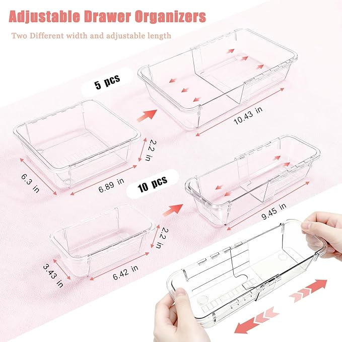 15 Pcs Extendable Drawer Organizer Set, 2 Sizes Adjustable Storage Drawer Units, Clear Plastic Makeup Vanity Organizer for Makeup, Stationeries, Multiple Gadgets for Bathroom, Office, Bedroom