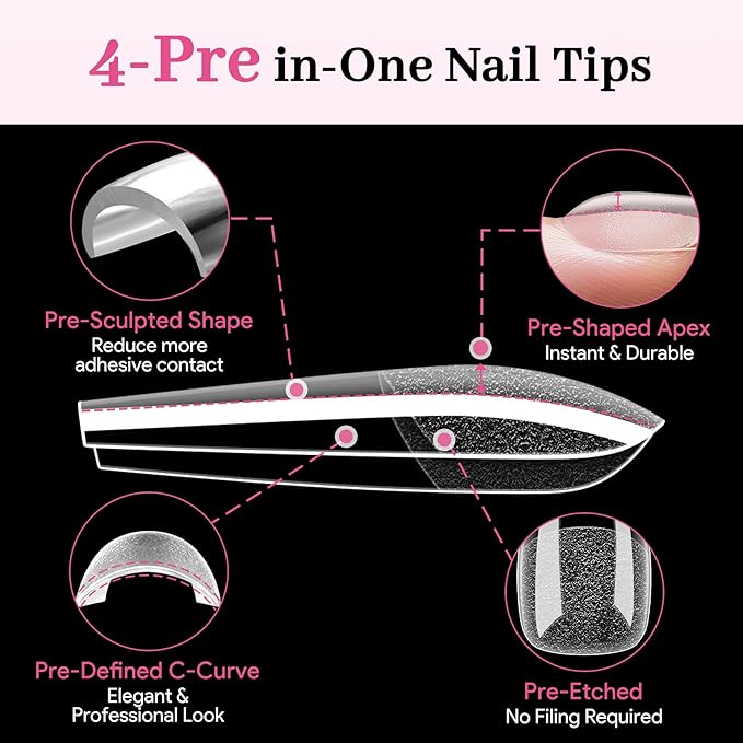 Qiek Long Coffin Pre-Building Nail Tips, 15 Sizes 240 PCS Pre-shaped Apex Clear Soft Press On Fake Nail Half Matte Gel Nail Extensions Strong Thick Acrylic Tip for DIY Beginners & Salon Manicure