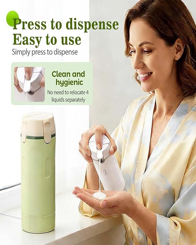 4 in 1 Travel Dispenser, Portable Leak Proof Refillable Squeeze Bottles with Label, 4 Pack 30ml Travel Size Bottle Set for Shampoo Lotion Conditioner Cream, Toiletry Storage Containers Gift (Green)