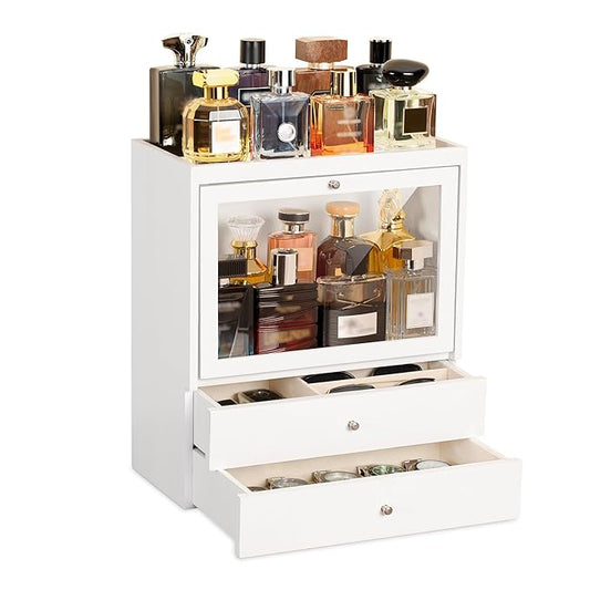 Emfogo Cologne Organizer, 4 Tier Vertical Wood Perfume Stand for Men, Large Capacity Dustproof Perfumes Organizer Cologne Stand with Double Drawer Storage, Gift for Loved ones (White)