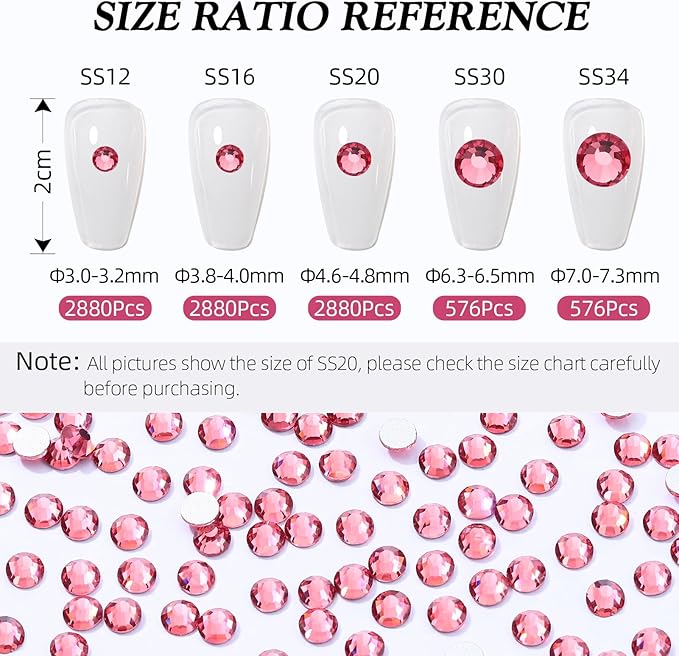 Meibite Rose Flatback Rhinestones, Glass Rhinestones for Nail Art and Craft, Glue Fix, Loose Crystal Gemstones(Rose, SS16, 2880pcs, 3.8-4.0mm)