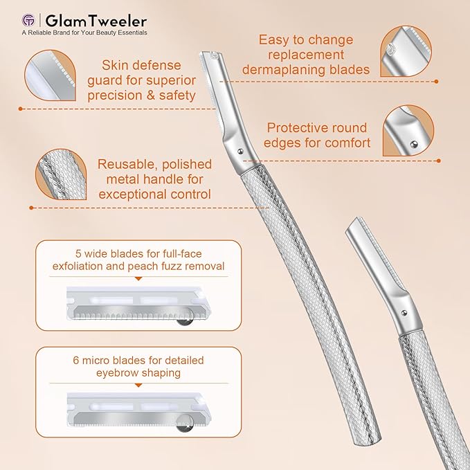 Women's Dermaplane Face & Eyebrow Razor Kit with GlamTweeler Slant Tweezers, Spoolie Brush, and Luxury Leather Storage & Travel Case + 10 Refill Blades (Silver)