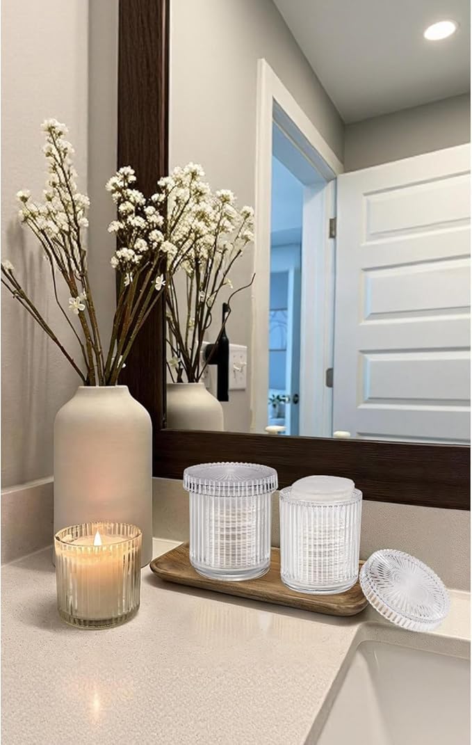 SheeChung 2-Pack Ribbed Glass Apothecary Jars - Clear Qtip Holder Dispenser Set - Vintage Bathroom Vanity Organizer for Cotton Swabs, Balls, Pads, Floss Picks - Modern Farmhouse Decor