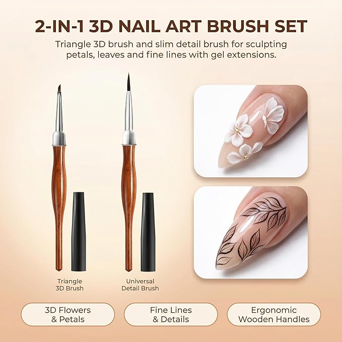 AMilHiTon 2Pcs Nail Art Brush Set, Multi-Functional 3D Nail Pen for Gel Extensions, Builder Nail Gel Design and Home DIY Manicure (Wood Color)