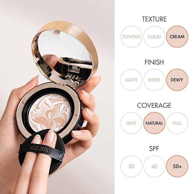 AGE20'S Signature Essence Pact SPF 50+ | Pack of 1 | 29W CARAMEL | Cream Foundation, Dewy Finish, Natural Coverage | Korean Cushion Foundation