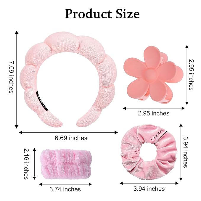 BluOcnMkt 6PCS Skincare Headbands for Women Pink Spa Makeup Headband Set, Large Flower Hair Clip, Velvet Elastic Hair Scrunchies