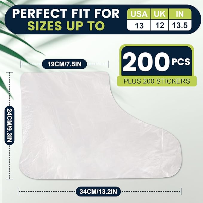 TEAWOO 200PCS Plastic Foot Covers for Feet, Leak-Proof Plastic Foot Masks for Moisturizing Feet, Pedicure & Foot Care, 200 Stickers for Snug Closure Included (Fits up to USA 13)