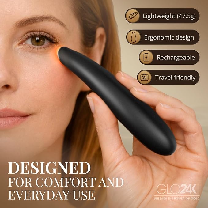 GLO24K Heated Eye Wand & Eye Massager Tool – Gentle Warmth & Vibration for Smoother-Looking Skin, Refreshing Under-Eyes Massage, Portable Beauty Device