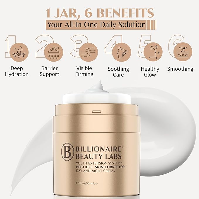 BILLIONAIRE BEAUTY LABS Collagen Booster Peptide Face Cream w Hyaluronic Acid – Peptide Face Moisturizer for Women, Hydrating, Non-Greasy, for Firming, Smoothing, Younger-Looking Skin, Fragrance-Free