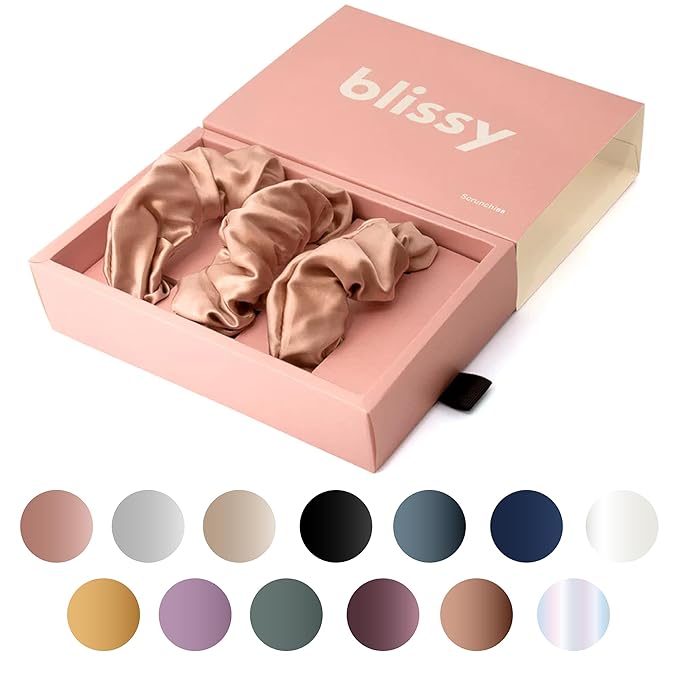 Blissy Silk Scrunchies (3 Pack) - 100% Pure Mulberry Silk - 22 Momme 6A High-Grade Fibers Scrunchie for Straight & Curly Hair - Preventing Breakage, Tangling, & Creasing (Rose Regular)