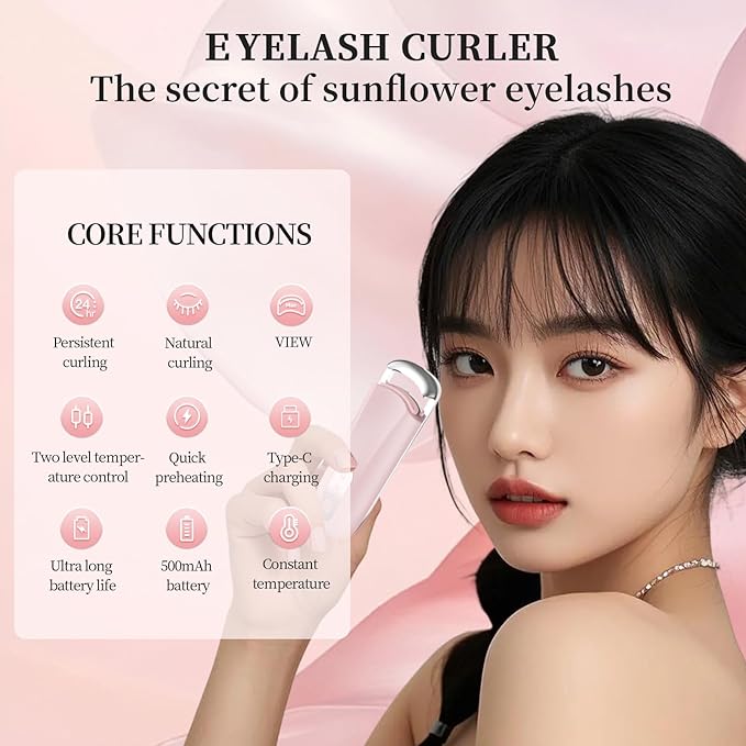 Hsenowi Heated Eyelash Curler for Natural Lashes 2-Level Adjustable Temperature Mini Electric Lash Curler Fast 3-Second Heat Up 24 Hours Long-Lasting Curl