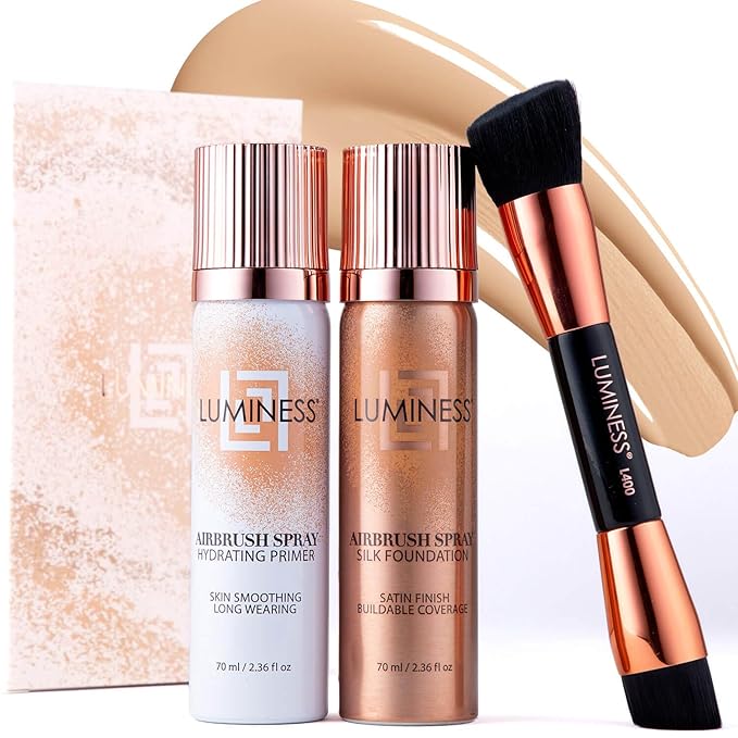 LUMINESS Complete Makeup Kit - Includes Face Palette, Airbrush Foundation, Primer and Brush - Silky, Long-Wearing, Easy to Blend, Perfect Makeup for Older Women, 4-PC Make Up Set (02 - Fair)
