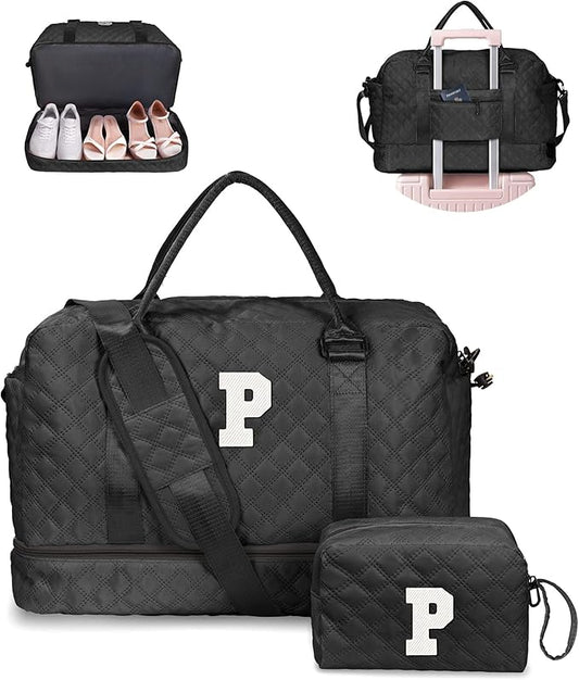 Teen Girl Gifts Trendy Stuff - Personalized Initial Duffle Bag with Shoe Compartment, Letter Travel Bag, Purple, 12x7x2 inches