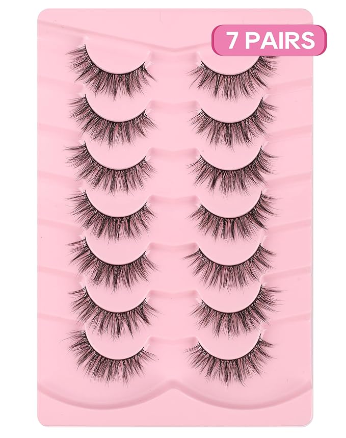 Natural Lashes Wispy C Curl False Lashes 9mm-16mm Demi Wispies Eyelashes Short Volume Mink Lashes Pack Fairy Classic Fake Lashes Cute Small Eye Lashes Pack 7 Pairs