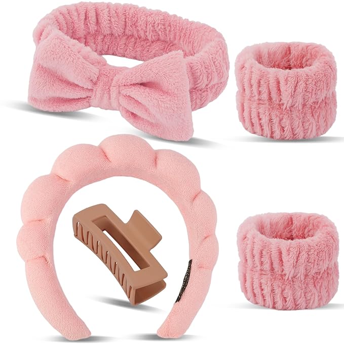Canitor Spa Headband Wrist Bands Set with Hair Clips Skincare for Washing Face Skin Care Puffy Makeup Headband Preppy Teen Girl Gifts Cute Trendy Stuff Hair Accessories for Women