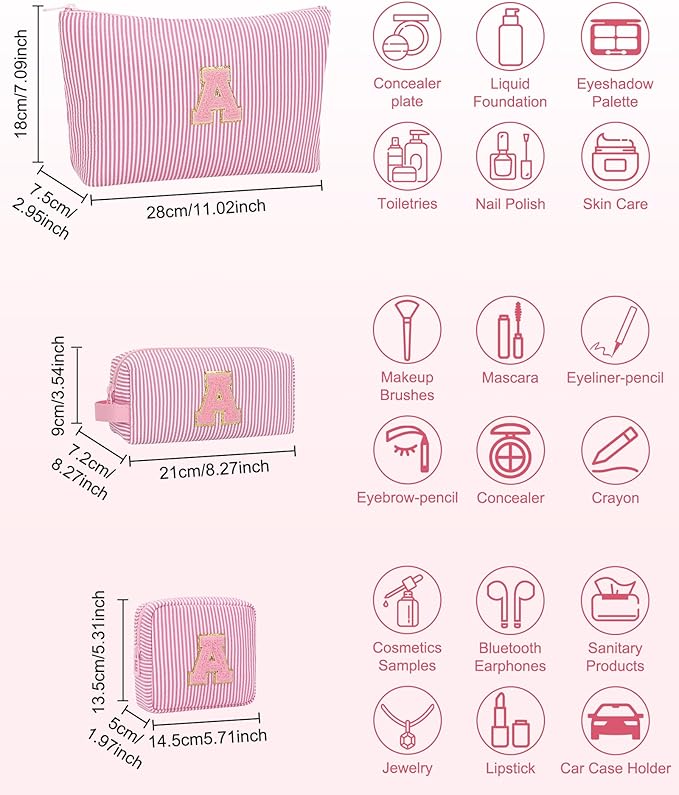 MONSTINA Personalized Initial Makeup Bag for Women,Make Up Case for Girlfriend Bridesmaid Wife,Birthday Gift for Her Cute Toiletry Bag,Period Bag Sanitary Napkin Storage Bag|Tampon Pouch,3PCS,Pink Y
