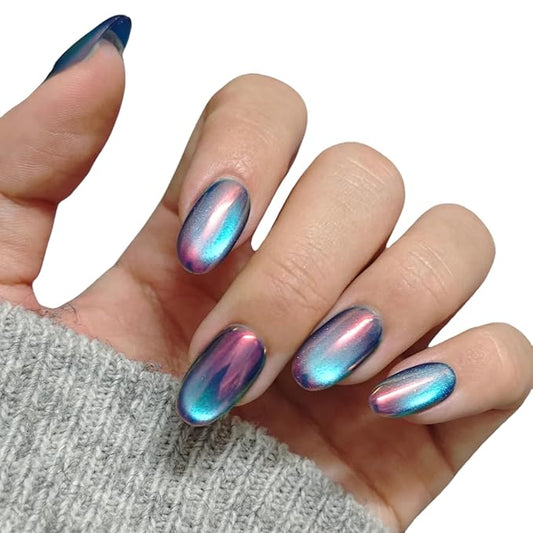 Cat Eye Press on Nails Handmade Short Oval/Square/Round False Nails with French Tip/Aurora/Magnetic Shimmer Designs (Aurora#Night M)