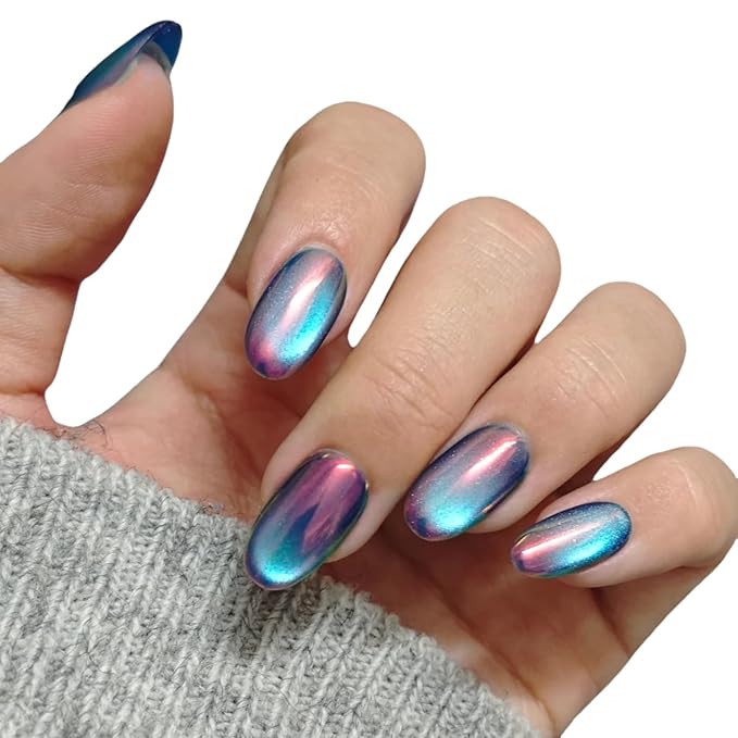 Cat Eye Press on Nails Handmade Short Oval/Square/Round False Nails with French Tip/Aurora/Magnetic Shimmer Designs (Aurora#Night S)