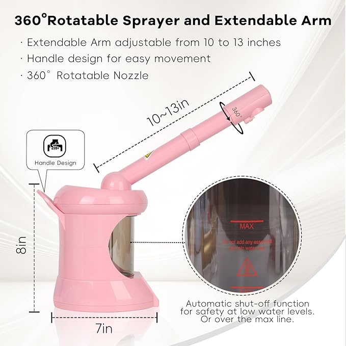 Facial Steamer Professional with Extendable Arm, 360°Rotating Nozzle Face Steamer for Facial Deep Cleaning, Portable Facial Steamer for Beauty, Spa and Home Use（Pink）