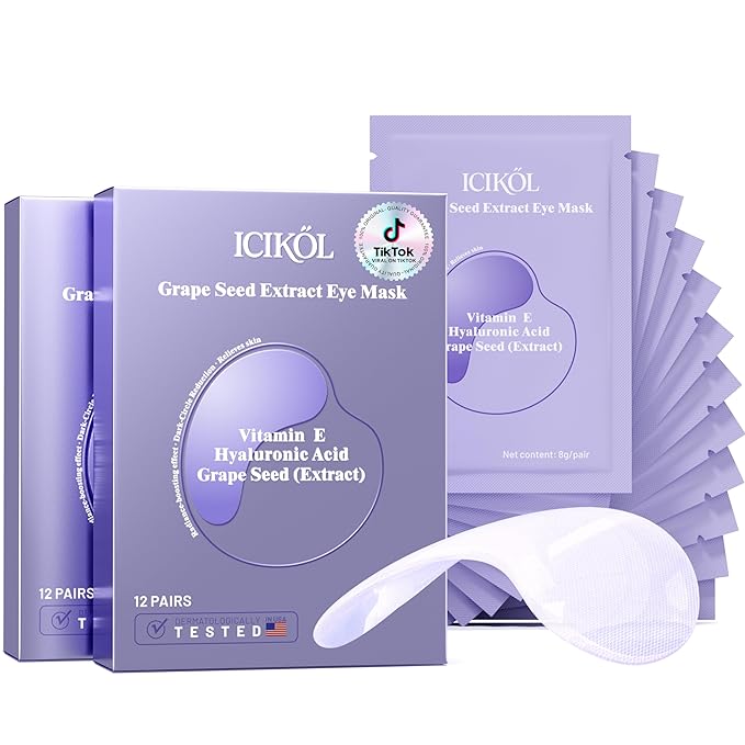 ICIKOL Collagen Under Eye Patches for Puffy Eyes and Dark Circles, Under Eye Mask for Radiance Boost, Deep Hydrating Undereye Mask Patches for Treatment with Women Beauty (24 Pairs, Grape seed)