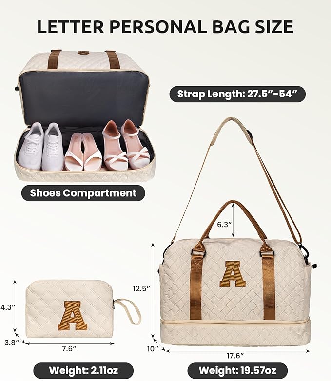 Initial Duffle Travel Bag, Personalized Weekender Bag with Shoulder Strap, Monogram Overnight Bag for Women Wet Pocket, Letter Travel Bag with Makeup Bag Gifts for family (Letter Z), Beige
