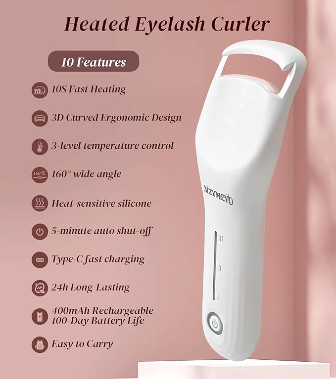 MZYMZYD Heated Eyelash Curler, Eyelash Curlers with 3 Temp Settings, 10S Quick Heat-Up, 24H Long-Lasting Natural Curl, Type-C Recharge, Mini Electric Eyelash Curler for Women - White