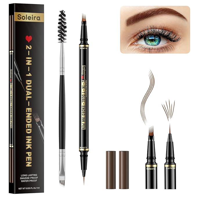 Eyebrow Pen, Soleira Waterproof Eyebrow Pencil with 4 Tip Microblading Eyebrow Pen and Dual-ended Eyebrow Brush, for Natural-Looking Brows, Long-Lasting, Reddish Brown