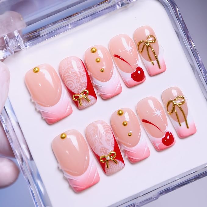 MAGLFELL Press On Nails, 10 Pcs Handmade French Square Fake Nails, Reusable Artificial Unique 3D False Nails for Women 3D Acrylic Nails Kit (Size L)