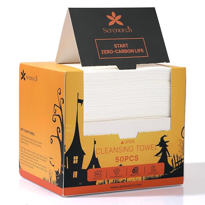 Serenorch Disposable Face Towels for Halloween, 10" x 12" Halloween Gifts for Sensitive Skin, Extra Soft Makeup Remover Dry Wipes, 50 Count