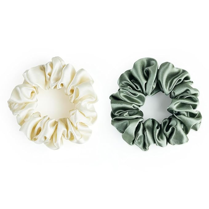 SILKLAB 22 Momme 100% Mulberry Silk Scrunchies (2 Pack, Cream White, Olive Green), Well-Hold Elastic for No-Damage, Soft Hair Ties, 6A Grade, OEKO-TEX Certified, Reduces Frizz & Breakage