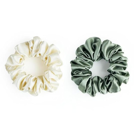 SILKLAB 22 Momme 100% Mulberry Silk Scrunchies (2 Pack, Cream White, Olive Green), Well-Hold Elastic for No-Damage, Soft Hair Ties, 6A Grade, OEKO-TEX Certified, Reduces Frizz & Breakage