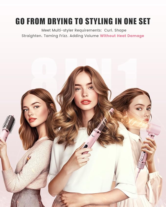 Tqcir 8-in-1 Professional Hot Air Styler&Hair Dryer Brush, Powerful Multi-Styler with Auto-Wrap Curler with Storage Case, Fast Drying Curling Straightening Volumizing Without Heat Damage(Pink)