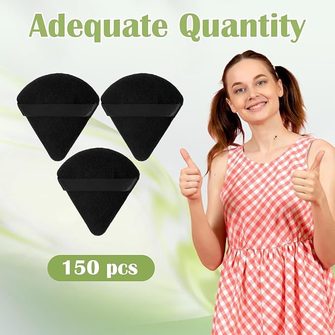 Oqqlin 150 Pcs Triangle Powder Puff Bulk, Black Soft Makeup Puff 2.76 x 2.56 Inch Face Setting Powder Puffs for Loose, Velvet Cosmetic Foundation, Wet and Dry Makeup Tools