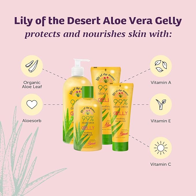 Lily Of The Desert Gelly Moisturizer - 99% Organic Aloe Vera Gel for Skin, After Sun Care with Aloe, Vitamin E Oil, and Vitamin C for Sunburn Relief, 12 Fl Oz