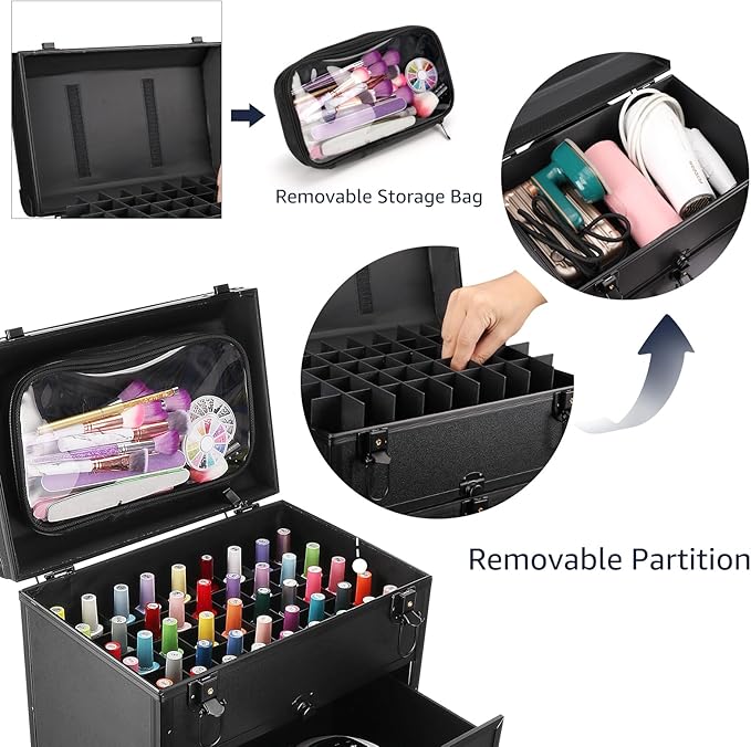 Yokilly Rolling Makeup Train Case, Professional Cosmetology Case on Wheels, Aluminum Cosmetic Trolley Travelling Cart Trunk with Swivel Wheels, Sliding Drawer & Keys for Nail Technician Stylist(Black)