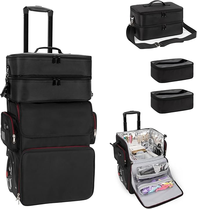 Large Makeup Train Case with a Large Makeup Travel Case for Hairstylist, Hairdresser Bag with Detachable Pouch,Heat Insulation and Anti-scalding for Hairdressing Tool Organizer 2 in 1, Big wheels