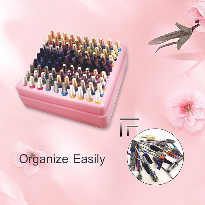CORFULRA Nail Drill Bits Holder, Nail Organizer Box for Nail Drill Bits, Large Space of Container Case for Drill Bits for Nails, 100 Holes Dustproof Displayer Box of Nail Supplies for Nail Tach, Pink