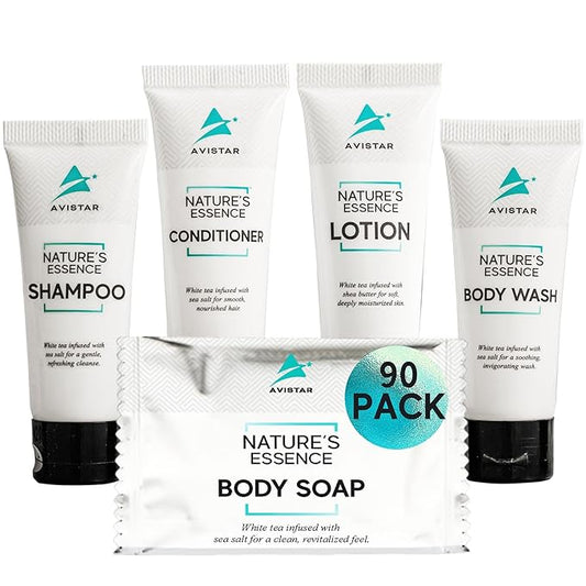 90 Piece Hotel Soap & Bulk Toiletries - Travel Essentials for Hosts & Guests - Hotel Shampoo & Conditioner Supplies for Guests, Hotel Toiletries Bulk Set, Mini Bulk Travel Size Toiletries